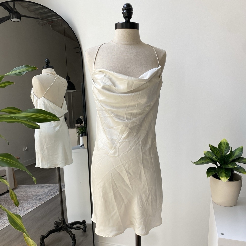 Zara Off White Satin Cowl Neck Halter Slip Dress Short Size Small Summer Dainty